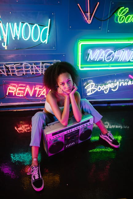 Vibrant portrait of a woman with a boombox surrounded by colorful neon signs, embodying a vintage and fashionable urban vibe.